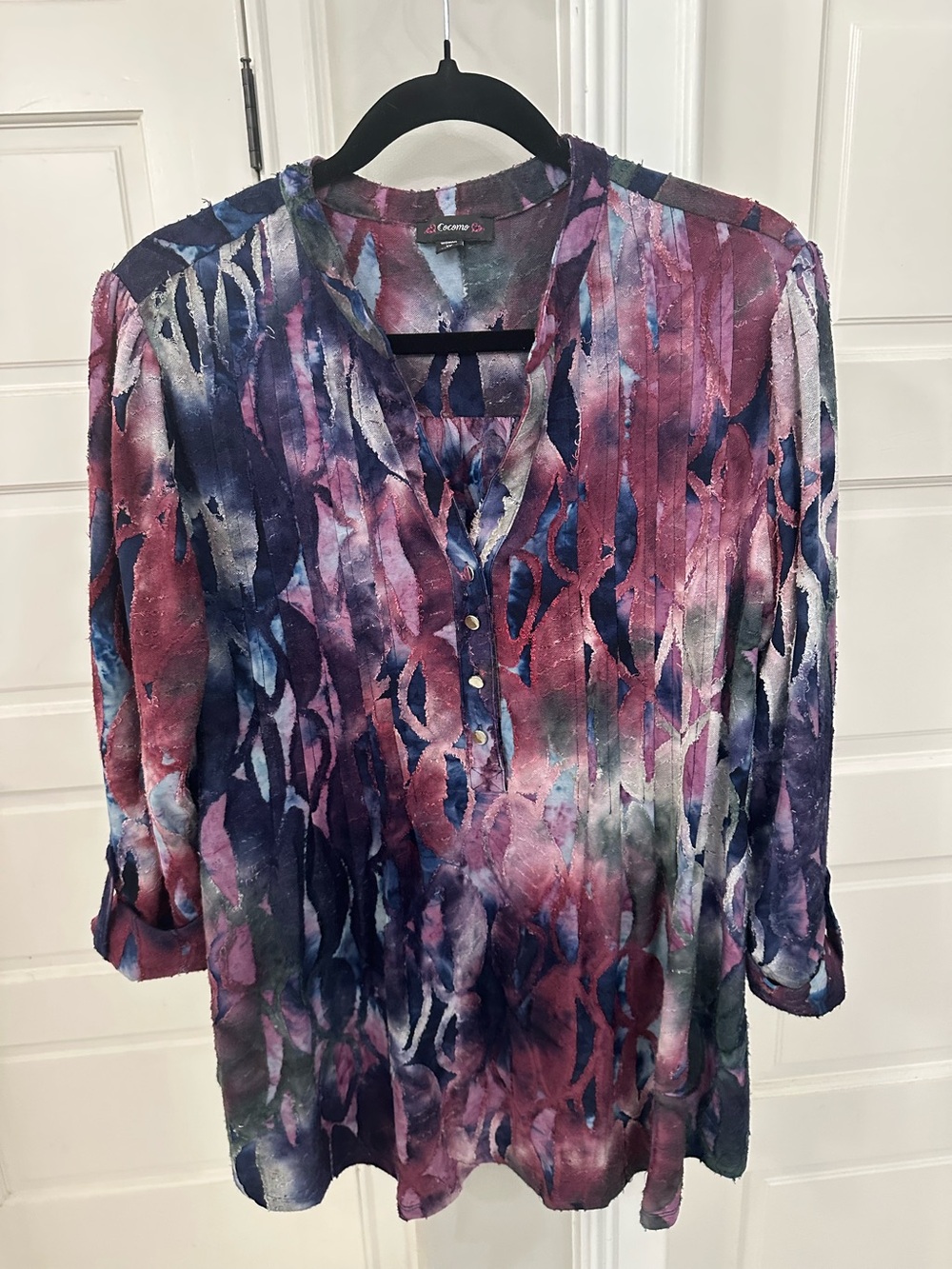 Cocomo Woman 1X Plus Colorful Tunic Blouse Shirt Top Roll Tab Sleeve Stretch EUC